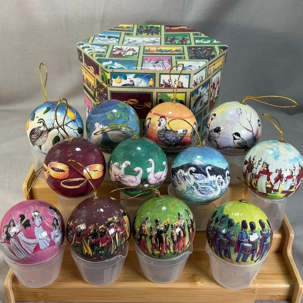 12 Days of Christmas Vintage Decoupage Ornament Set with Storage Box Complete